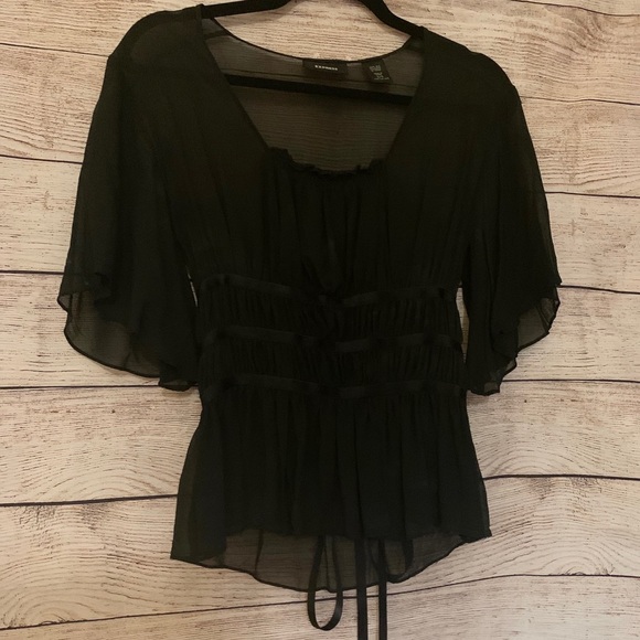 Express Sheer Blouse Sheer Tie Black 5/6 - Picture 4 of 11